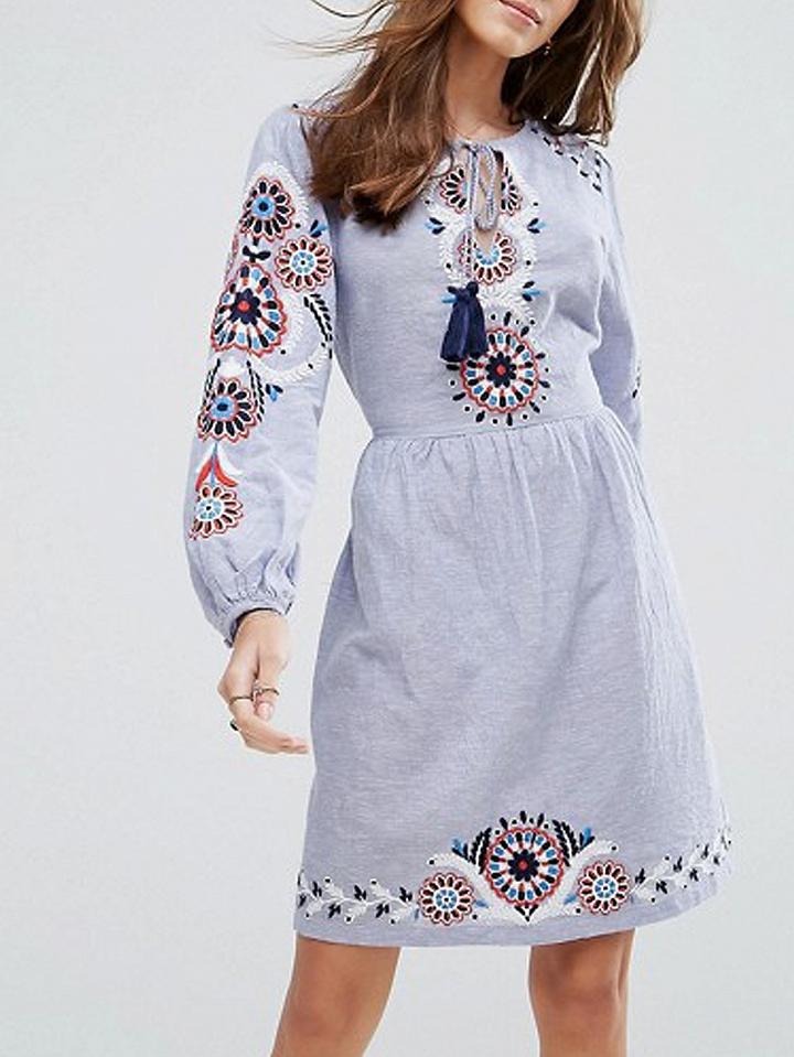 Choies Blue Tribal Embroidery Tie Waist Long Sleeve Dress