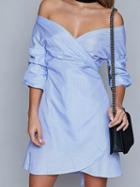 Choies Blue Striped V Neck Wrap Front Tie Waist Asymmetric Hem Dress