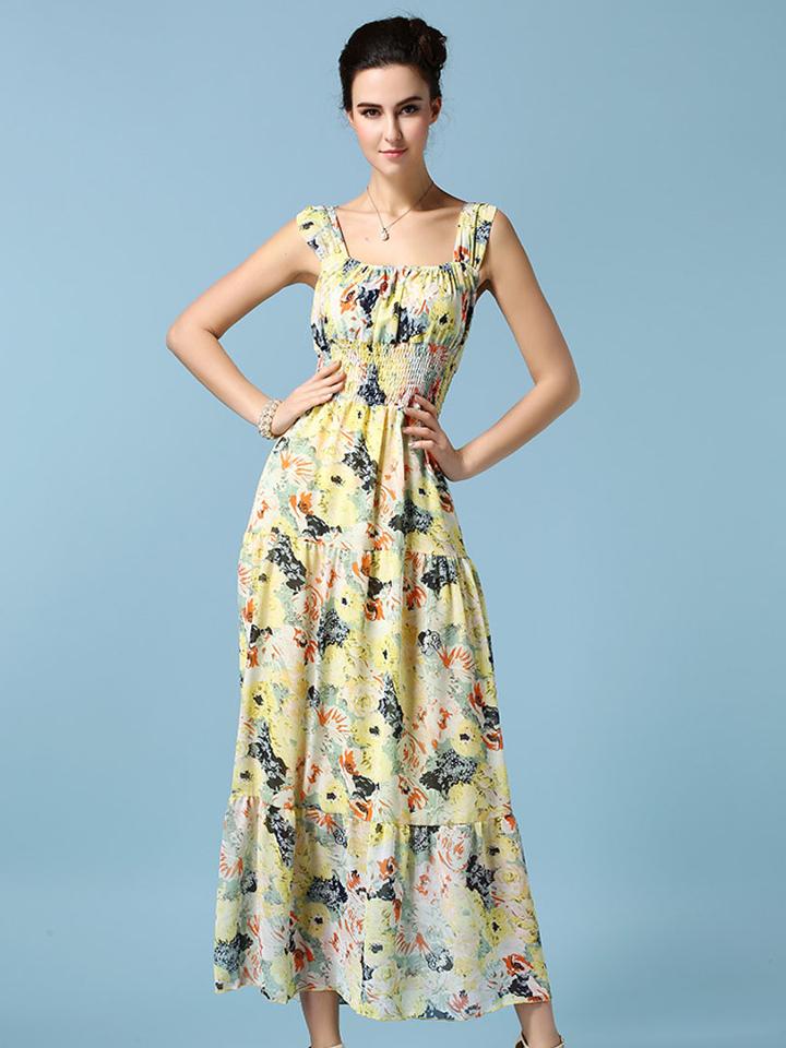 Choies Yellow Floral High Waist Chiffon Vest Dress