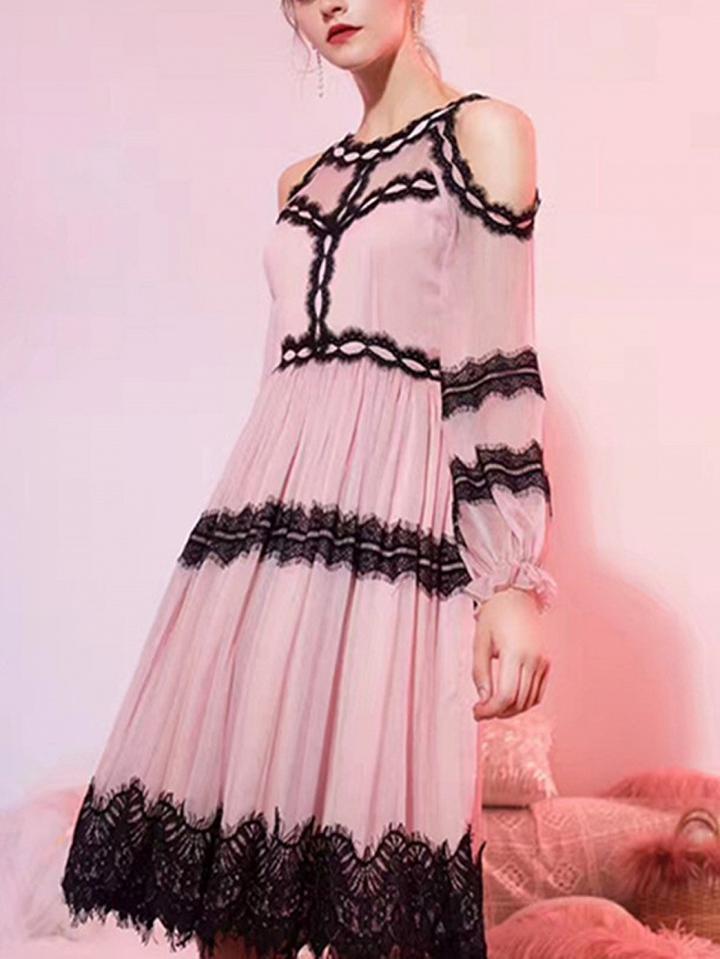 Choies Pink Cold Shoulder Ruched Detail Lace Panel Long Sleeve Dress