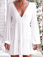 Choies White Cotton V-neck Open Back Flare Sleeve Chic Women Mini Dress