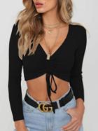 Choies Black Ribbed V-neck Drawstring Front Long Sleeve Chic Women Crop Top