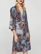Choies Blue Tie Waist Palm Print Dress