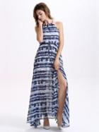 Choies Blue Halter Tie Dye Split Maxi Chiffon Dress