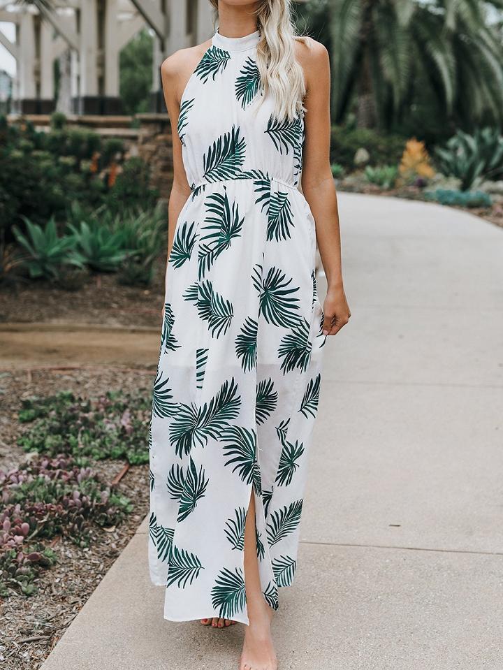 Choies White Halter Leaf Print Sleeveless Chic Women Maxi Dress