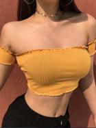 Choies Yellow Off Shoulder Frill Trim Ribbed Crop Top