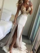 Choies White Plunge Lurex Yarn Thigh Split Detail Chic Women Cami Maxi Dress