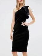 Choies Black Velvet One Shoulder Ruffle Detail Bodycon Dress