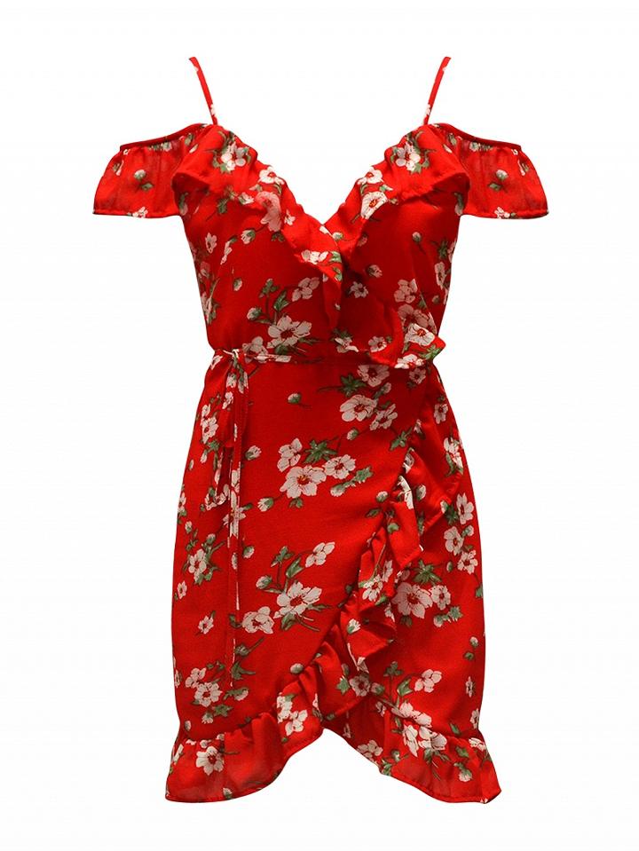 Choies Red V-neck Floral Flounce Hem Wrap Front Cami Dress