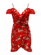 Choies Red V-neck Floral Flounce Hem Wrap Front Cami Dress