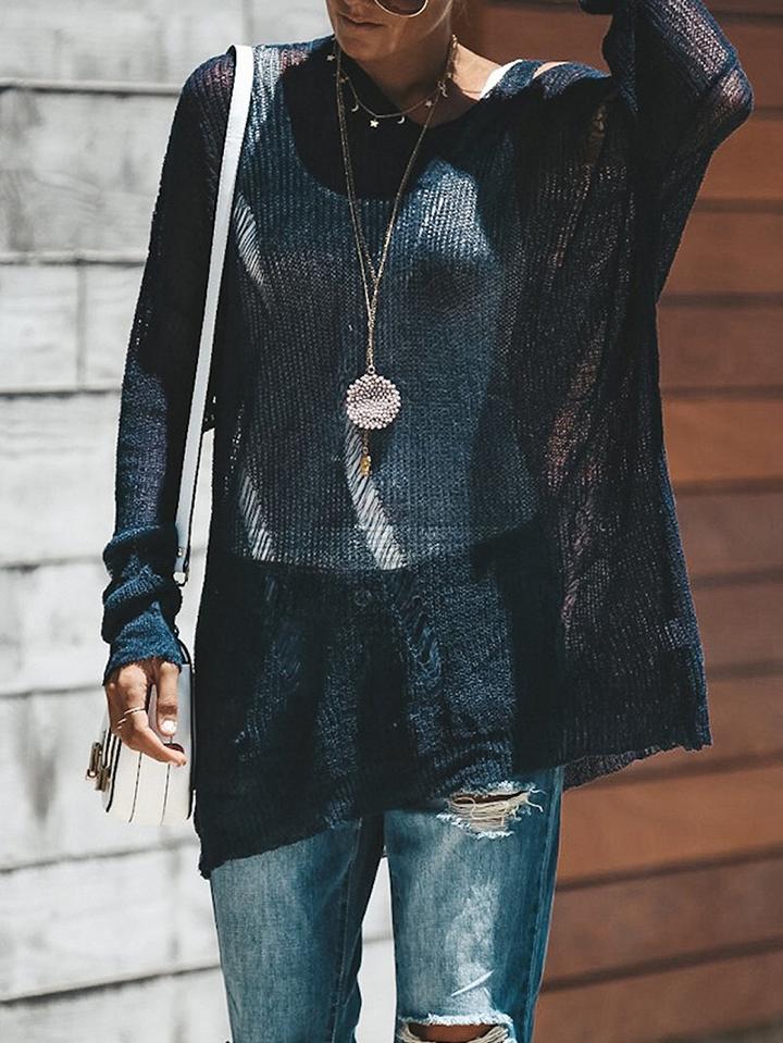Choies Blue Cold Shoulder Cut Out Detail Long Sleeve Chic Women Sweater