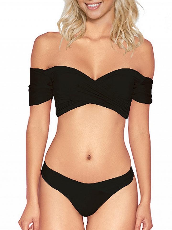 Choies Black Cross Wrap Ruched Bikini Top And Bottom