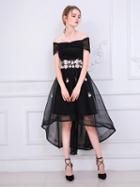Choies Black Off Shoulder Embroidery Floral Dipped Hem Mesh Prom Dress