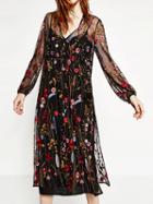 Choies Black Embroidery Floral Split Sheer Mesh Dress