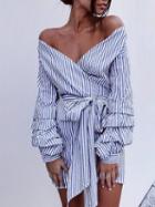 Choies Blue Stripe V-neck Cold Shoulder Long Sleeve Mini Dress