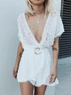 Choies White V Neck Wrap Dot Flocked Romper Belt Waist Playsuit