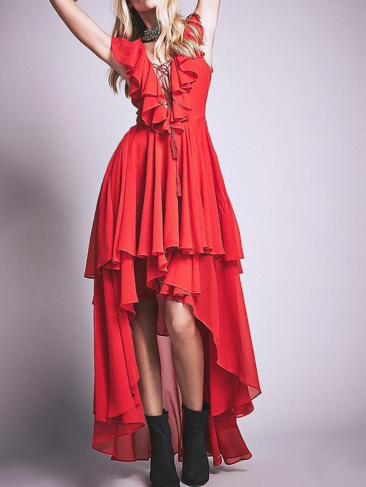 Choies Red Lace Up Front Ruffle Trim Hi-lo Dress