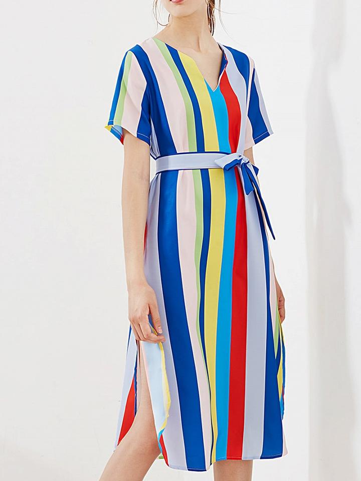 Choies Multicolor Stripe Cotton V-neck Tie Waist Split Side Chic Women Dress