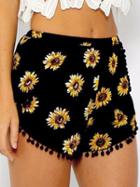 Choies Black Sunflower Print High Waist Pom Poms Shorts