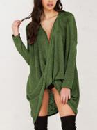 Choies Green Drape Front Long Sleeve Lightweight Sweater