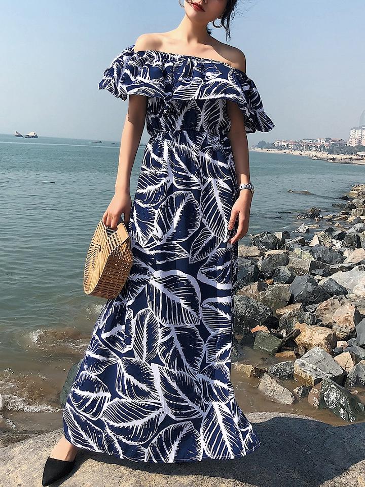 Choies Blue Off Shoulder Thigh Split Side Leaves Print Dress