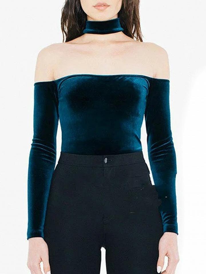 Choies Dark Blue Velvet Choker Neck Off Shoulder Long Sleeve T-shirt