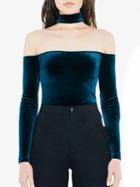 Choies Dark Blue Velvet Choker Neck Off Shoulder Long Sleeve T-shirt