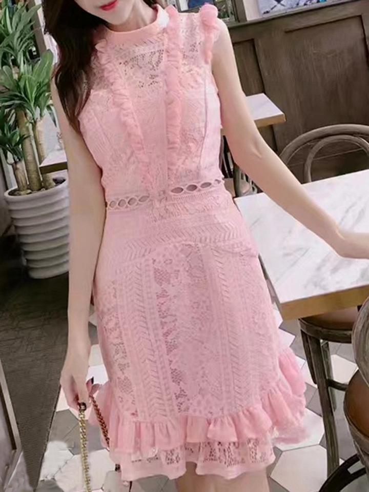 Choies Pink Ruffle Trim Lace Overlay Mini Dress