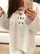 Choies White V-neck Eyelet Lace Up Front Long Sleeve Chic Women Knit Sweater