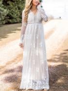 Choies White V-neck Cut Out Long Sleeve Embroidery Lace Maxi Dress