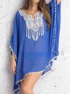 Choies Blue Crochet Detail Pom Pom Chiffon Poncho Cover Up Dress