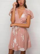 Choies Pink Chiffon Plunge Floral Print Tie Waist Chic Women Mini Dress