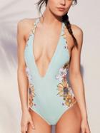 Choies Blue Plunge Floral Print Swimsuit