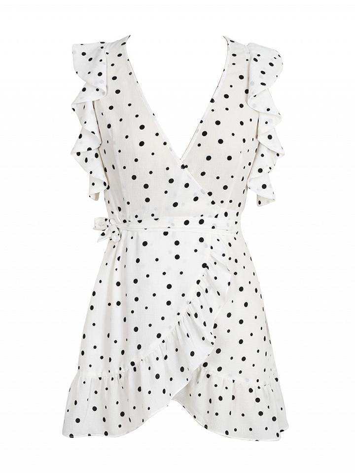 Choies White V Neck Polka Dot Ruffle Wrap Dress