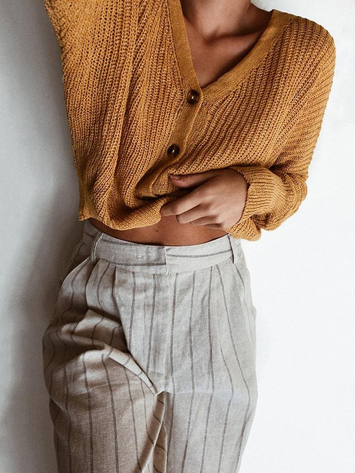 Choies Brown V-neck Button Placket Front Puff Sleeve Knit Sweater