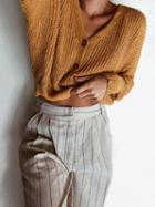 Choies Brown V-neck Button Placket Front Puff Sleeve Knit Sweater