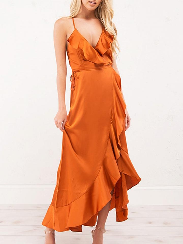 Choies Orange Spaghetti Strap Plunge Ruffle Trim Open Back Hi-lo Dress