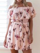 Choies Pink Off Shoulder Floral Ruffle Tie Waist Mini Dress