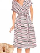 Choies Pink Stripe V-neck Tie Waist Midi Dress