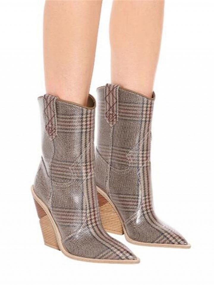 Choies Brown Plaid Microfiber Gap Detail Pointed Toe Chic Women Heeled Boots