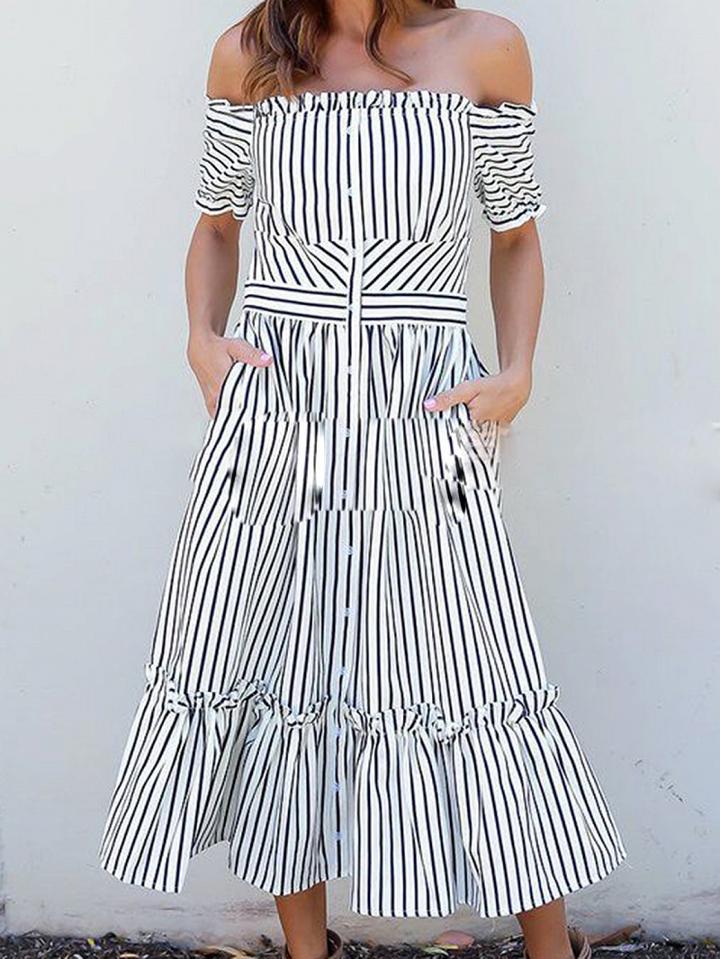 Choies White Stripe Off Shoulder Ruffle Hem Chic Women Maxi Dress