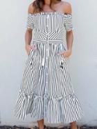 Choies White Stripe Off Shoulder Ruffle Hem Chic Women Maxi Dress