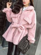 Choies Pink Tie Waist Faux Fur Coat