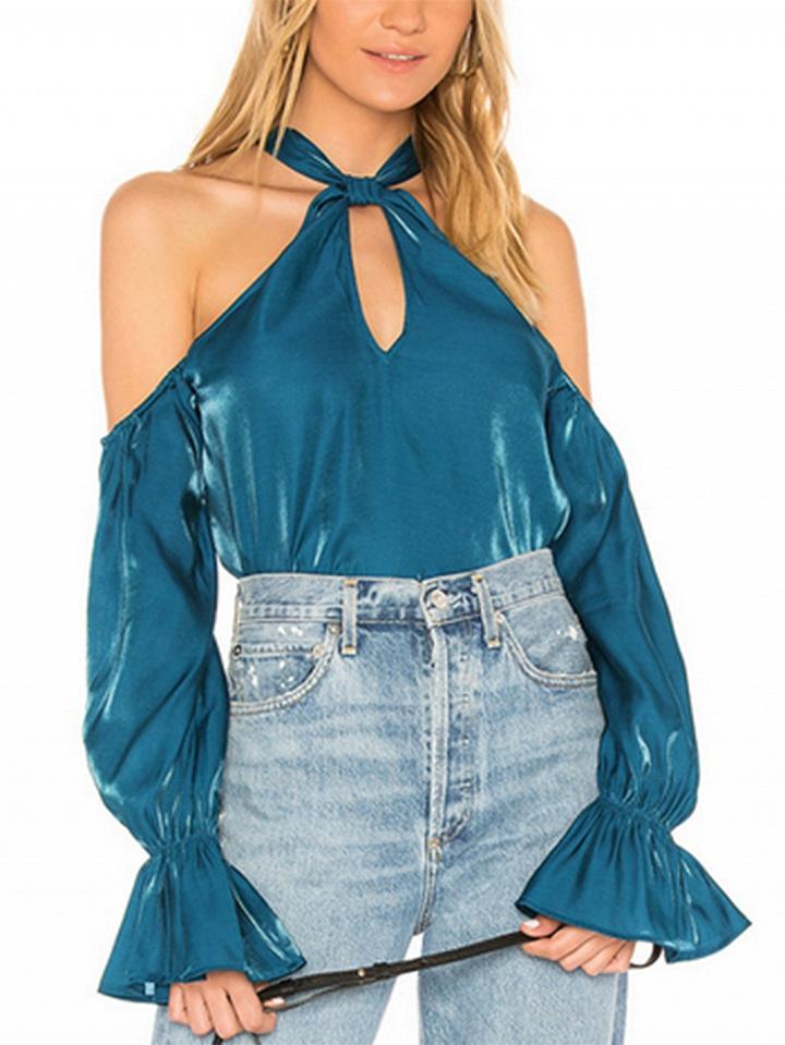 Choies Blue Halter Cold Shoulder Flare Sleeve Blouse