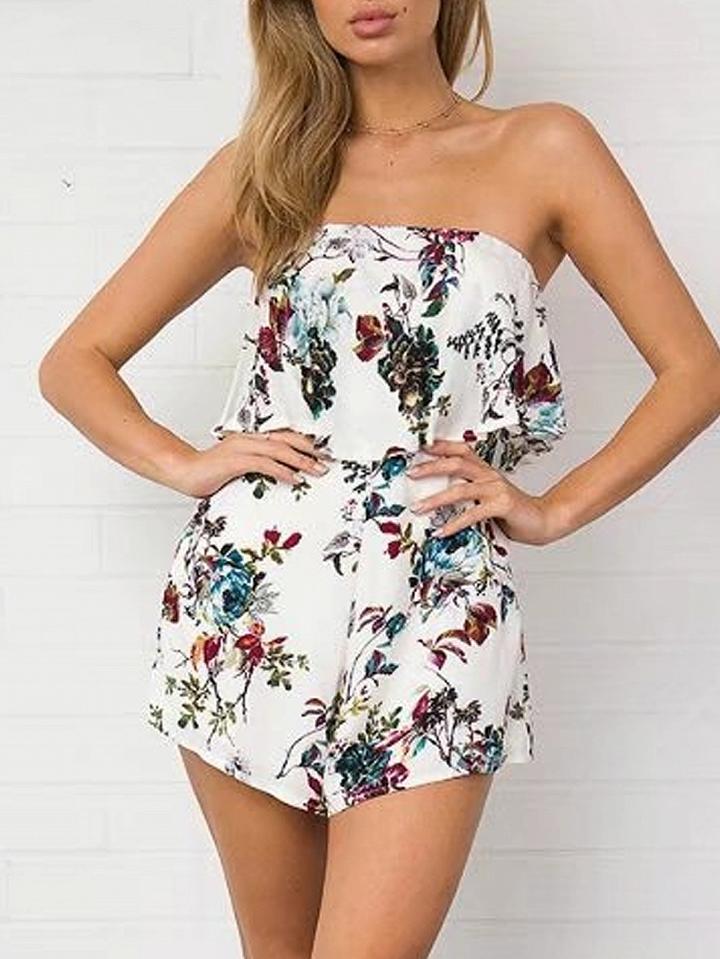 Choies White Bandeau Floral Print Layered Top Romper Playsuit