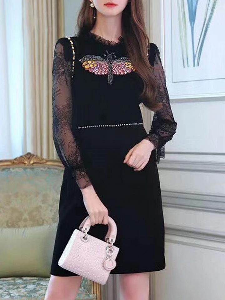 Choies Black Rhinestone Dragonfly Pearl Embellished Lace Dress