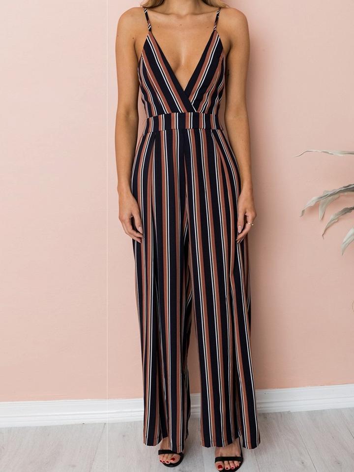 Choies Brown Stripe V-neck Open Back Chic Women Cami Romper Jumpsuit