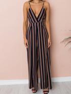 Choies Brown Stripe V-neck Open Back Chic Women Cami Romper Jumpsuit