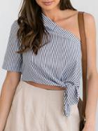Choies Black Stripe One Shoulder Tie Front Crop Shirt