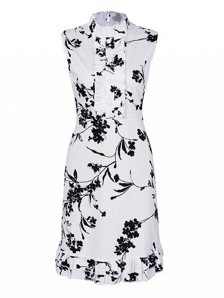 Choies White Floral High Neck Ruffle Trim Sleeveless Dress